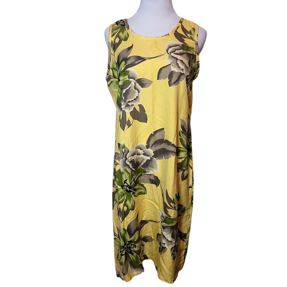 Tommy Bahama Yellow Silk Tropical Floral Sleeveless Midi Shift Dress Medium Chic